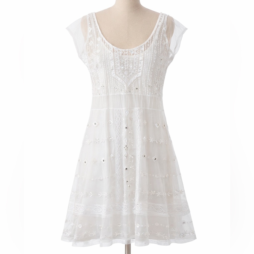 NWT French Connection Mesh Embroidered Beaded Midi Cap Sleeve Dress White Sz 14